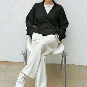 Black Casual Women's Drop Shoulder Belted Cardigan